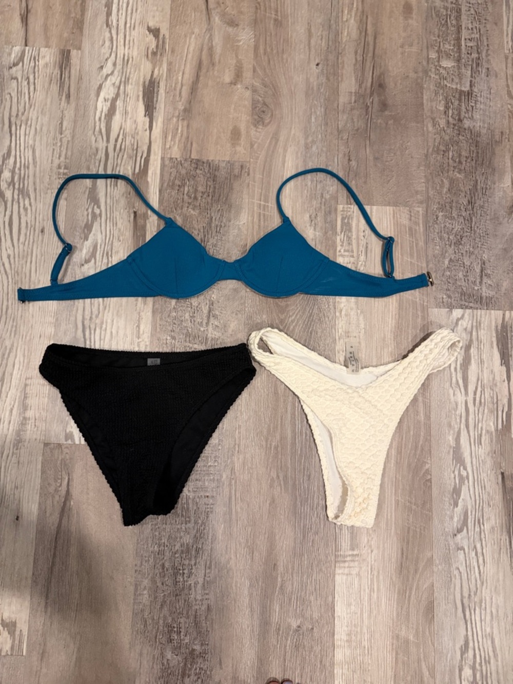 SHEIN Teal Underwire Bikini Top with Black & Cream Bottoms